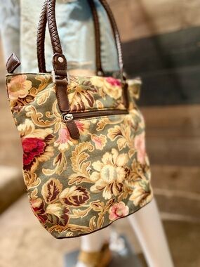 Longaberger Majolica Floral Canvas Tote with Brown Leather Handles